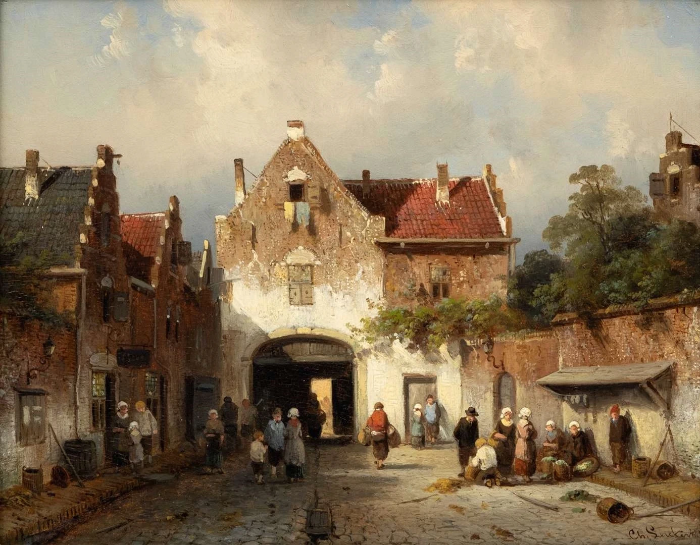 Charles Leickert - Abitanti del villaggio con merci vicino a una porta della città